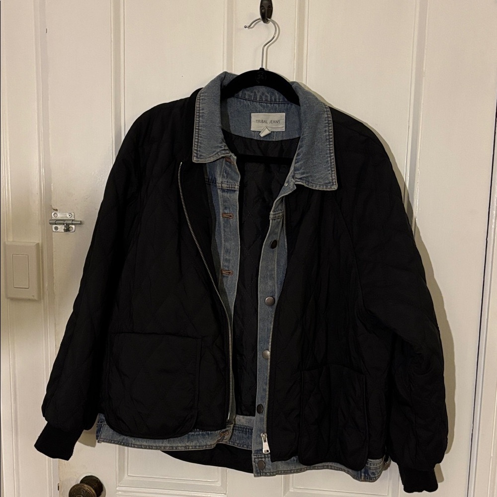 Black Quilted Jacket with Denim Trim from Tribal Jeans L